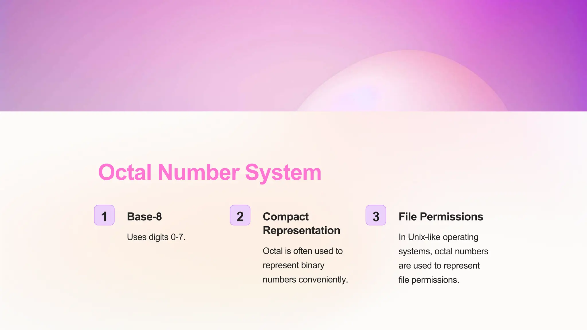 Octal Number System
1 Base-8
Uses digits 0-7.
2 Compact
Representation
Octal is often used to
represent binary
numbers conveniently.
3 File Permissions
In Unix-like operating
systems, octal numbers
are used to represent
file permissions.
 