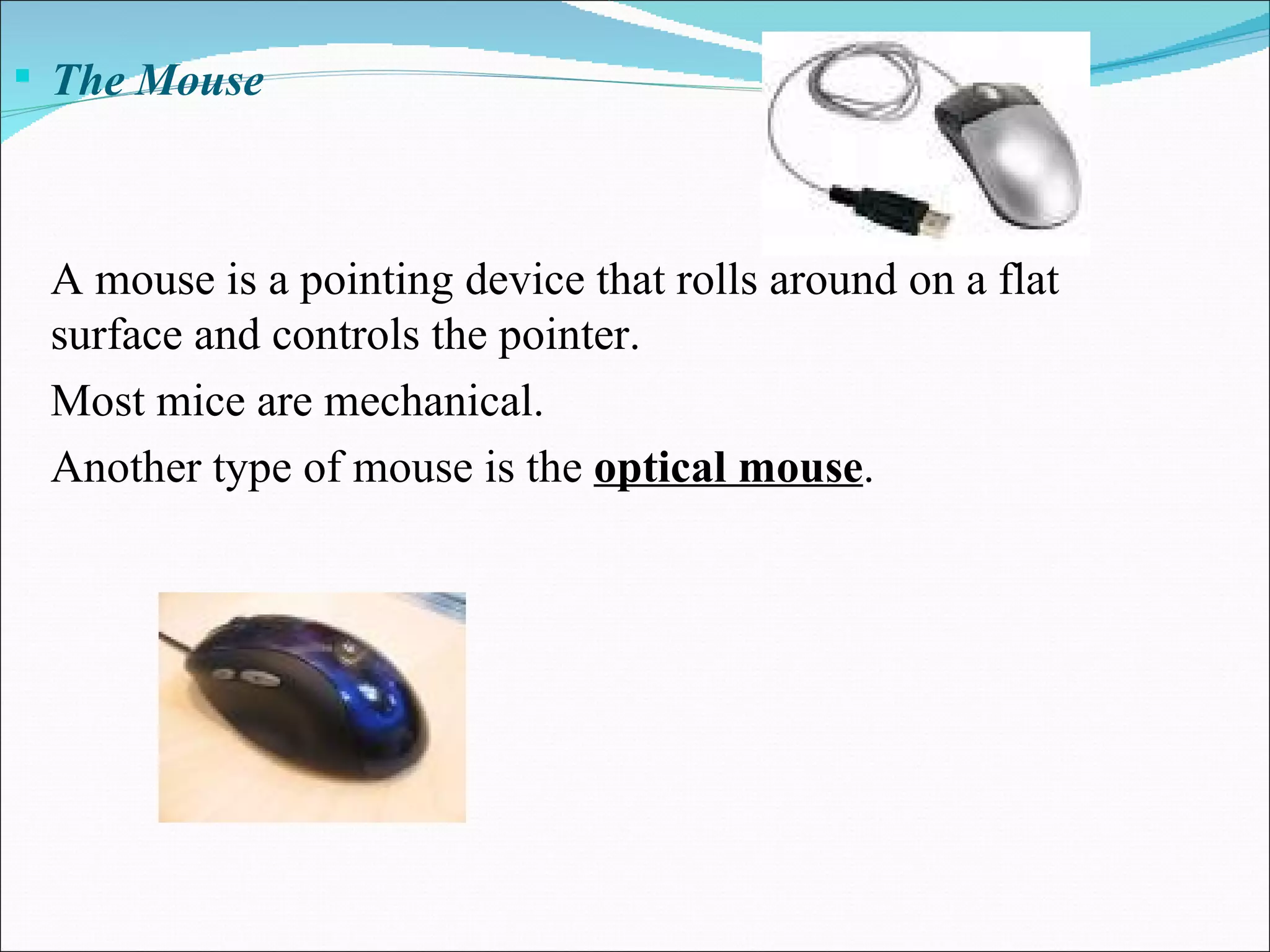 The Mouse A mouse is a pointing device that rolls around on a flat surface and controls the pointer. Most mice are mechanical. Another type of mouse is the  optical mouse . 
