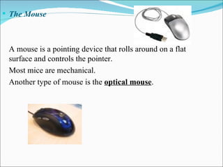 The Mouse A mouse is a pointing device that rolls around on a flat surface and controls the pointer. Most mice are mechanical. Another type of mouse is the  optical mouse . 