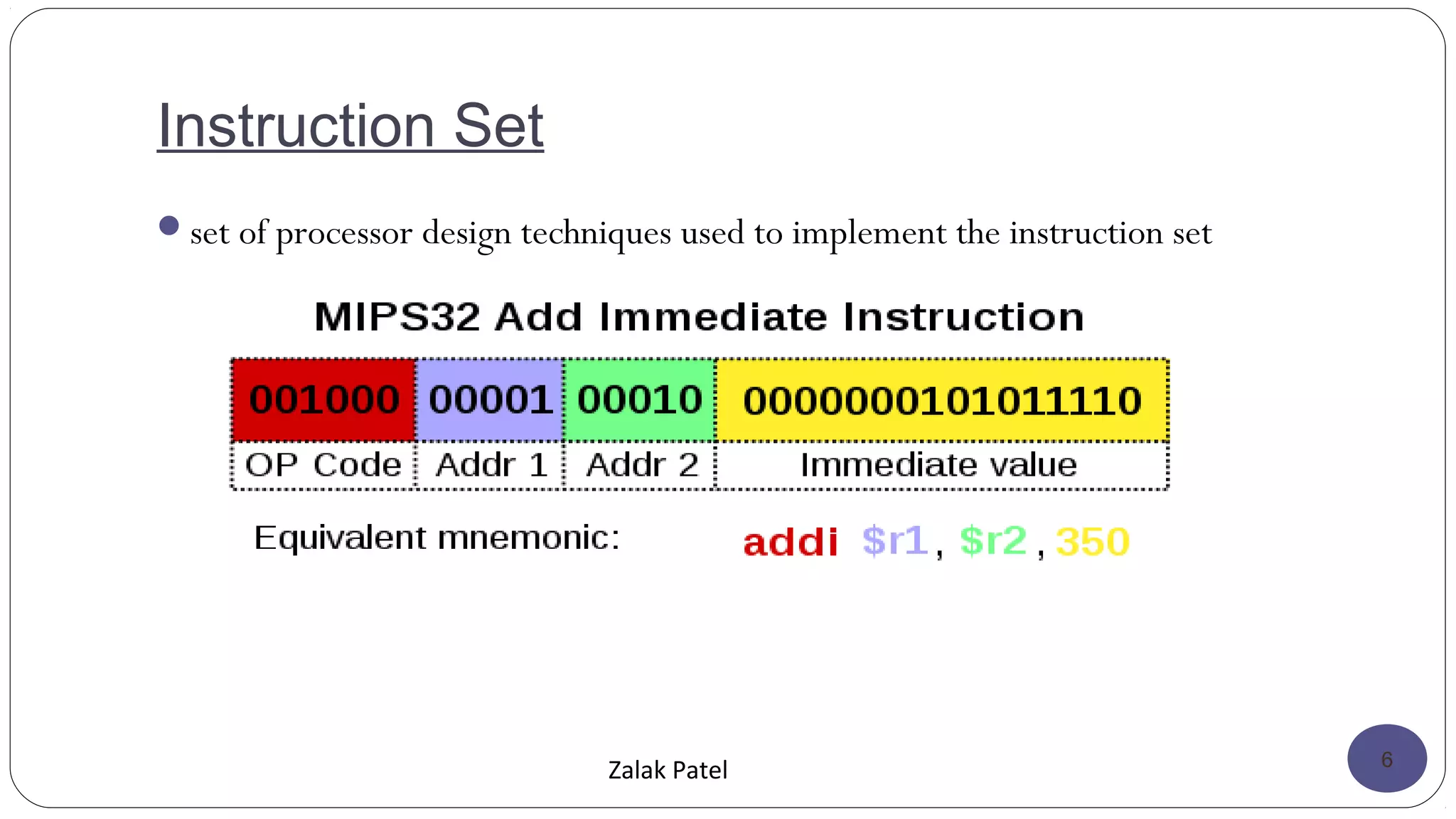 Instruction Set
set of processor design techniques used to implement the instruction set
6
Zalak Patel
 