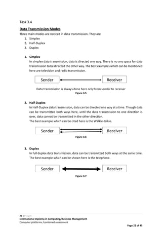 22 | P a g e
International Diploma in Computing/Business Management
Computer platforms /combined assessment
Page 22 of 45
Task 3.4
Data Transmission Modes
Three main modes are noticed in data transmission. They are
1. Simplex
2. Half-Duplex
3. Duplex
1. Simplex
In simplex data transmission, data is directed one way. There is no any space for data
transmission to be directed the other way. The best examples which can be mentioned
here are television and radio transmission.
Data transmission is always done here only from sender to receiver
2. Half-Duplex
In Half-Duplex data transmission, data can be directed one way at a time. Though data
can be transmitted both ways here, until the data transmission to one direction is
over, data cannot be transmitted in the other direction.
The best example which can be cited here is the Walkie-talkie.
3. Duplex
In full duplex data transmission, data can be transmitted both ways at the same time.
The best example which can be shown here is the telephone.
Sender Receiver
Figure 3.5
Sender Receiver
Figure 3.6
Sender Receiver
Figure 3.7
 