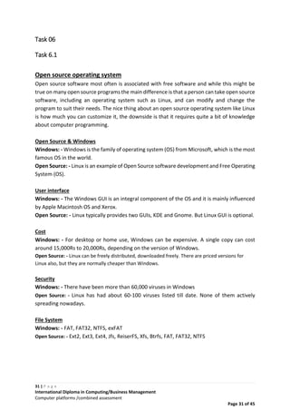 31 | P a g e
International Diploma in Computing/Business Management
Computer platforms /combined assessment
Page 31 of 45
Task 06
Task 6.1
Open source operating system
Open source software most often is associated with free software and while this might be
true on many open source programs the main difference is that a person can take open source
software, including an operating system such as Linux, and can modify and change the
program to suit their needs. The nice thing about an open source operating system like Linux
is how much you can customize it, the downside is that it requires quite a bit of knowledge
about computer programming.
Open Source & Windows
Windows: - Windows is the family of operating system (OS) from Microsoft, which is the most
famous OS in the world.
Open Source: - Linux is an example of Open Source software development and Free Operating
System (OS).
User interface
Windows: - The Windows GUI is an integral component of the OS and it is mainly influenced
by Apple Macintosh OS and Xerox.
Open Source: - Linux typically provides two GUIs, KDE and Gnome. But Linux GUI is optional.
Cost
Windows: - For desktop or home use, Windows can be expensive. A single copy can cost
around 15,000Rs to 20,000Rs, depending on the version of Windows.
Open Source: - Linux can be freely distributed, downloaded freely. There are priced versions for
Linux also, but they are normally cheaper than Windows.
Security
Windows: - There have been more than 60,000 viruses in Windows
Open Source: - Linux has had about 60-100 viruses listed till date. None of them actively
spreading nowadays.
File System
Windows: - FAT, FAT32, NTFS, exFAT
Open Source: - Ext2, Ext3, Ext4, Jfs, ReiserFS, Xfs, Btrfs, FAT, FAT32, NTFS
 