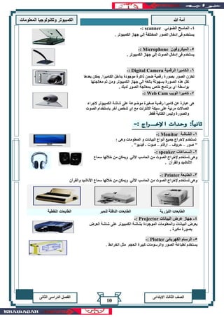 ‫هللا‬ ‫آمة‬‫المعلوما‬ ‫وتكنولوجيا‬ ‫الكمبيوتر‬‫ت‬
‫االبتدائى‬ ‫الثالث‬ ‫الصف‬‫الدراسى‬ ‫الفصل‬‫الثانى‬
10
. ‫الكمبيوتر‬ ‫جهاز‬ ‫إلي‬ ‫المختلفة‬ ‫الصور‬ ‫إدخال‬ ‫فى‬ ‫يستخدم‬
5-‫الميكروفون‬Microphone:-
. ‫الكمبيوتر‬ ‫جهاز‬ ‫إلي‬ ‫الصوت‬ ‫إدخال‬ ‫فى‬ ‫يستخدم‬
6-‫الرقمية‬ ‫الكاميرا‬Digital Camera:-
‫موجودة‬ ‫ذاكرة‬ ‫ضمن‬ ‫رقمية‬ ‫بصورة‬ ‫الصور‬ ‫تخزن‬‫بعدها‬ ‫يمكن‬ .‫الكاميرا‬ ‫بداخل‬
‫الصور‬ ‫هذه‬ ‫نقل‬‫ثم‬ ‫ومن‬ ‫الكمبيوتر‬ ‫جهاز‬ ‫الى‬ ‫بالغة‬ ‫بسهولة‬ ‫ة‬‫معالجتها‬
. ‫لديك‬ ‫الصور‬ ‫بمعالجة‬ ‫خاص‬ ‫برنامج‬ ‫اي‬ ‫بواسطة‬
7-‫الويب‬ ‫كاميرا‬Web Cam:-
‫عن‬ ‫عبارة‬ ‫هى‬‫الجراء‬ ‫الكمبيوتر‬ ‫شاشة‬ ‫على‬ ‫موضوعة‬ ‫صغيرة‬ ‫رقمية‬ ‫كاميرا‬
‫مرئية‬ ‫اتصاالت‬‫االنترنت‬ ‫سبكة‬ ‫على‬‫الصوت‬ ‫باستخدام‬ ‫آخر‬ ‫شخص‬ ‫اي‬ ‫مع‬
‫والصو‬‫فقط‬ ‫الكتابة‬ ‫وليس‬ ‫رة‬.
1-‫الشاشة‬Monitor:-
: ‫وهى‬ ‫المعلومات‬ ‫و‬ ‫البيانات‬ ‫أنواع‬ ‫جميع‬ ‫إلخراج‬ ‫تستخدم‬
‫صور‬ "–‫حروف‬–‫ارقام‬–‫صوت‬-. "‫فيديو‬
2-‫السماعات‬speaker:-
‫سماع‬ ‫خاللها‬ ‫من‬ ‫ويمكن‬ ‫اآللي‬ ‫الحاسب‬ ‫من‬ ‫الصوت‬ ‫إلخراج‬ ‫تستخدم‬ ‫وهى‬
‫والقرآن‬ ‫األناشيد‬.
3-‫الطابعة‬Printer:-
‫والقرآن‬ ‫األناشيد‬ ‫سماع‬ ‫خاللها‬ ‫من‬ ‫ويمكن‬ ‫اآللي‬ ‫الحاسب‬ ‫من‬ ‫الصوت‬ ‫إلخراج‬ ‫تستخدم‬ ‫وهى‬
‫الليزرية‬ ‫الطابعات‬‫للحبر‬ ‫النافثة‬ ‫الطابعات‬‫النق‬ ‫الطابعات‬‫طية‬
4-‫البيانات‬ ‫عرض‬ ‫جهاز‬Projector:-
‫العرض‬ ‫شاشة‬ ‫على‬ ‫الكمبيوتر‬ ‫بشاشة‬ ‫الموجودة‬ ‫والمعلومات‬ ‫البيانات‬ ‫يعرض‬
. ‫مكبرة‬ ‫بصورة‬
5-‫الكهربائى‬ ‫الرسام‬Plotter:-
‫الحجم‬ ‫كبيرة‬ ‫والرسومات‬ ‫الصور‬ ‫لطباعة‬ ‫يستخدم‬. ‫الخرائط‬ ‫مثل‬
-: scanner ‫الضوئي‬ ‫الماسح‬ -4
 