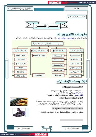 ‫هللا‬ ‫آمة‬‫المعلوما‬ ‫وتكنولوجيا‬ ‫الكمبيوتر‬‫ت‬
‫االبتدائى‬ ‫الثالث‬ ‫الصف‬‫الدراسى‬ ‫الفصل‬‫الثانى‬
9
‫من‬ ‫الكمبيوتر‬ ‫يتكون‬}‫برامــج‬-‫مادية‬ ‫مكونات‬{‫ل‬ ‫منها‬ ً‫ال‬‫لك‬: ‫الى‬ ‫المادية‬ ‫المكونات‬ ‫تقسيم‬ ‫ويمكن‬ ‫بها‬ ‫خاص‬ ‫مميز‬ ‫ون‬
1-‫الفــــــــــــــــأرة‬Mouse:-
:‫هما‬ ‫مفتاحان‬ ‫ولها‬ ‫الفأر‬ ‫تشبه‬ ‫ألنها‬ ‫االسم‬ ‫بهذا‬ ‫سميت‬
:‫االيمن‬ ‫المفتاح‬. ‫المختصرة‬ ‫القائمة‬ ‫إلظهار‬
:‫االيسر‬ ‫المفتاح‬‫اإلشارة‬ (‫فى‬ ‫يستخدم‬–‫االختيار‬–) ‫التحديد‬
2-‫لوحة‬‫المفاتيح‬key board:-
‫بها‬102‫الخاصة‬ ‫استخدماته‬ ‫له‬ ‫قسم‬ ‫كل‬ ‫اقسام‬ ‫ثالثة‬ ‫من‬ ‫وتتكون‬ ً‫ا‬‫تقريب‬ ‫مفتاح‬
:‫وهى‬}‫الرئيسية‬ ‫المفاتيح‬ ‫لوحة‬-‫المفاتيح‬‫الرقمية‬-‫الوظائف‬ ‫مفاتيح‬{
3-‫األلعاب‬ ‫عصا‬ ‫أو‬ ‫التحكم‬ ‫عصا‬Joystick:-
‫ت‬ ‫في‬ ‫وتتحكم‬ ‫والتسلية‬ ‫األلعاب‬ ‫في‬ ‫تستخدم‬. ‫الشاشة‬ ‫على‬ ‫األشكال‬ ‫حريك‬
‫النشــــــــاط‬‫الثانى‬‫عشر‬
‫حـــ‬‫اللغـــــــــــز‬ ‫ــــــــل‬
 
