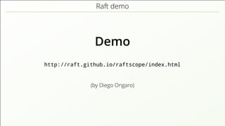 Raft demo
Demo
http://raft.github.io/raftscope/index.html
(by Diego Ongaro)
 