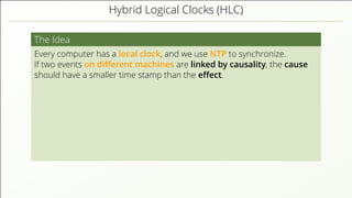 Hybrid Logical Clocks (HLC)
The Idea
Every computer has a local clock, and we use NTP to synchronize.
If two events on diﬀerent machines are linked by causality, the cause
should have a smaller time stamp than the eﬀect.
 