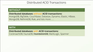 Distributed ACID Transactions
WITHOUT
Distributed databases without ACID transactions:
ArangoDB, BigTable, Couchbase, Datastax, Dynamo, Elastic, HBase,
MongoDB, RethinkDB, Riak, and lots more . . .
WITH
Distributed databases with ACID transactions:
CockroachDB, FaunaDB, FoundationDB, MarkLogic, Spanner
 