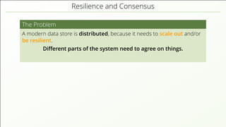 Resilience and Consensus
The Problem
A modern data store is distributed, because it needs to scale out and/or
be resilient.
Diﬀerent parts of the system need to agree on things.
 