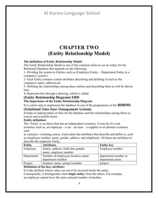 Al Karma Language School 
CHAPTER TWO 
(Entity Relationship Model) 
The definition of Entity Relationship Model: 
The Entity Relationship Model is one of the common styles to set an outlay for the 
Relational Database that depends on the following: 
1- Dividing the system to Entities such as (Employee Entity – Department Entity in a 
company's system.) 
2- Each Entity contains certain attributes describing and defining it (such as the 
company's name, address) etc. 
3- Defining the relationships among these entities and describing them as will be shown 
later. 
4- Represent this through a drawing, which is called: 
(Entity Relationship Diagram) ERD 
The importance of the Entity Relationship Diagram: 
It is a prior step to implement the database in one of the programmes of the RDBMS 
(Relational Data Base Management System). 
It helps in making tables or files for the database and the relationships among them on 
correct and scientific bases. 
Entity definition: 
The ' Entity' is an object that has an independent existence. It may be of a real 
existence such as, an employee - a car – an item – a supplier or an abstract existence 
such 
as a project- a training course. Each entity has attributes that describe and define it, such 
as (employee number, name, gender, address, and telephone). All these are attributes to 
describe the employee Entity. 
Entity Attributes Entity key 
Employee Salary- address- birth date gender-name- 
employee number 
Employee number 
Department Number of employees-location name-department 
number 
department number or 
department name 
Project location- name- project number project 
Definition of the Key attribute: 
It is the attribute whose value can never be recurred inside the entity. 
Consequently, it distinguishes each single entity1 from the others. For example, 
an employee cannot have the same national number of another. 
3 
 