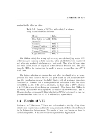 5.2 Results of VFI


marised in the following table.

           Table 5.2: Results of NBTree with selected attributes
           using Information Gain measure

                  Metric                     Value
                  Time taken to build        38.97s
                  the model
                  Accuracy                   99.89   %
                  Average Precision          94.54   %
                  Average Recall             90.84   %
                  Average F-Measure          92.28   %
                  Kappa Statistic            99.82   %

    The NBTree clearly has a very high accuracy rate of classifying almost 99%
of the instances correctly in both cases (i.e. when all attributes were considered
and when only a selected attributes were considered). Also, it has high precision
and recall values, which are important in the intrusion detection task. The time
taken by NBTree for constructing the model is however greater than that of VFI
in all cases.

    The feature selection mechanism does not aﬀect the classiﬁcation accuracy,
precision and recall values of NBTree to a great extent. In fact, the results show
that the classiﬁcation accuracy is slightly higher with all attributes taken into
consideration. However, this is accompanied with a steep rise in the time taken
to build the model. With selected attributes, the time taken is 38.97s whereas
it is 1115.05s when all attributes are considered. This shows that NBTree is
extremely time-sensitive with regards to the number of attributes used. The F-
Measure also has a considerably high value (above 90% in both cases) so that the
problem described in section 4.5.2.2 is addressed to a good extent.


5.2     Results of VFI
Similar to the NBTree tests, VFI was also evaluated twice; once by taking all at-
tributes into consideration and then by using a reduced attribute subset obtained
by the Information Gain measure. The results of these experiments are listed in
the following tables. A detailed result set is provided in Appendix B.




                                        35
 