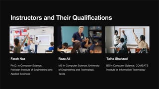 Instructors and Their Qualifications
Farah Naz
Ph.D. in Computer Science,
Pakistan Institute of Engineering and
Applied Sciences
Raza Ali
MS in Computer Science, University
of Engineering and Technology,
Taxila
Talha Shahzad
BS in Computer Science, COMSATS
Institute of Information Technology
 