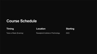 Course Schedule
Timing
Twice a Week (Evening)
Location
Rawalpindi Institute of Technology
Starting
2023
 