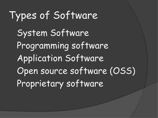 Types of Software
System Software
Programming software
Application Software
Open source software (OSS)
Proprietary software
 