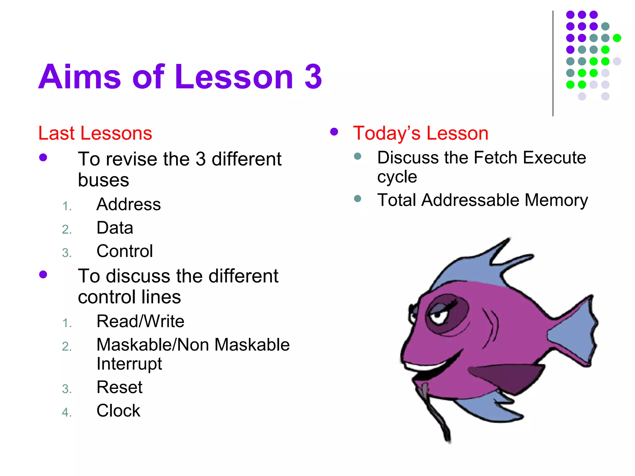 Aims of Lesson 3
Last Lessons
 To revise the 3 different
buses
1. Address
2. Data
3. Control
 To discuss the different
control lines
1. Read/Write
2. Maskable/Non Maskable
Interrupt
3. Reset
4. Clock
 Today’s Lesson
 Discuss the Fetch Execute
cycle
 Total Addressable Memory
 