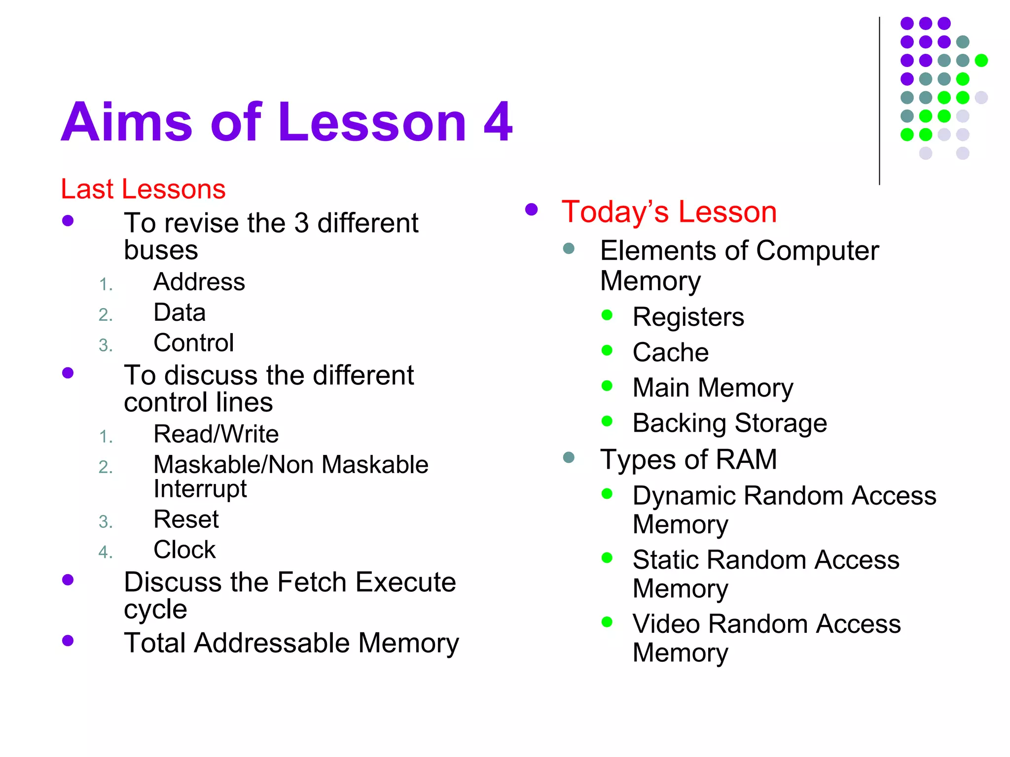 Aims of Lesson 4
Last Lessons
 To revise the 3 different
buses
1. Address
2. Data
3. Control
 To discuss the different
control lines
1. Read/Write
2. Maskable/Non Maskable
Interrupt
3. Reset
4. Clock
 Discuss the Fetch Execute
cycle
 Total Addressable Memory
 Today’s Lesson
 Elements of Computer
Memory
 Registers
 Cache
 Main Memory
 Backing Storage
 Types of RAM
 Dynamic Random Access
Memory
 Static Random Access
Memory
 Video Random Access
Memory
 