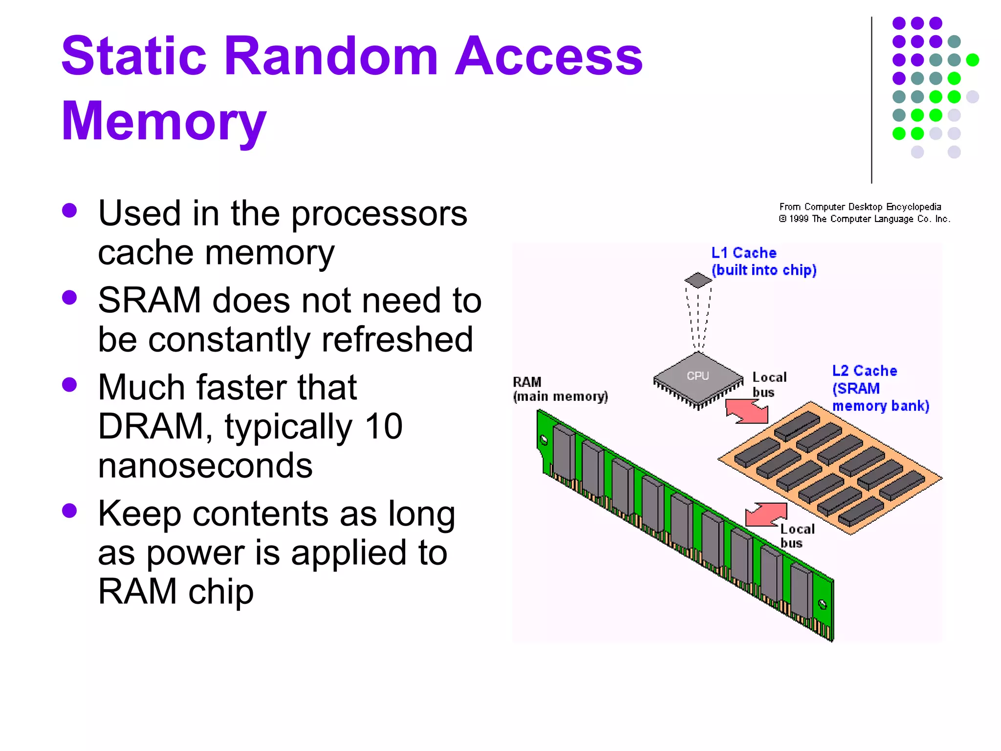 Static Random Access
Memory
 Used in the processors
cache memory
 SRAM does not need to
be constantly refreshed
 Much faster that
DRAM, typically 10
nanoseconds
 Keep contents as long
as power is applied to
RAM chip
 
