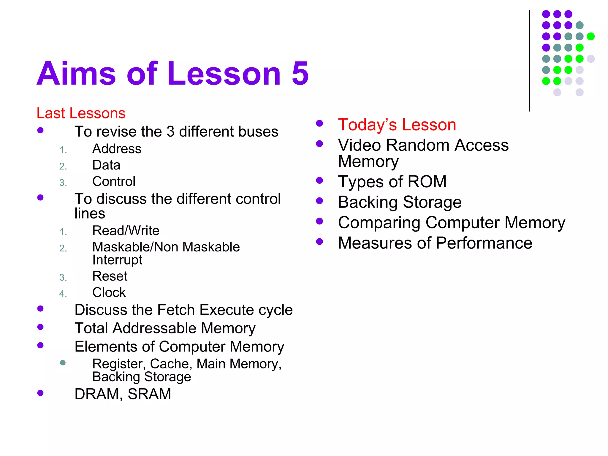 Aims of Lesson 5
Last Lessons
 To revise the 3 different buses
1. Address
2. Data
3. Control
 To discuss the different control
lines
1. Read/Write
2. Maskable/Non Maskable
Interrupt
3. Reset
4. Clock
 Discuss the Fetch Execute cycle
 Total Addressable Memory
 Elements of Computer Memory
 Register, Cache, Main Memory,
Backing Storage
 DRAM, SRAM
 Today’s Lesson
 Video Random Access
Memory
 Types of ROM
 Backing Storage
 Comparing Computer Memory
 Measures of Performance
 