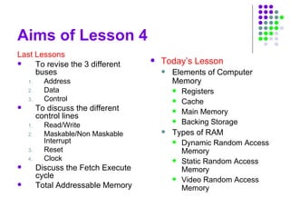 Aims of Lesson 4
Last Lessons
 To revise the 3 different
buses
1. Address
2. Data
3. Control
 To discuss the different
control lines
1. Read/Write
2. Maskable/Non Maskable
Interrupt
3. Reset
4. Clock
 Discuss the Fetch Execute
cycle
 Total Addressable Memory
 Today’s Lesson
 Elements of Computer
Memory
 Registers
 Cache
 Main Memory
 Backing Storage
 Types of RAM
 Dynamic Random Access
Memory
 Static Random Access
Memory
 Video Random Access
Memory
 
