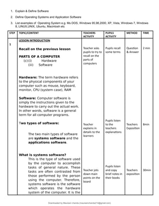 1. Explain & Define Software
2. Define Operating Systems and Application Software
3. List examples of Operating System e.g. Ms DOS, Windows 95,98,2000, XP, Vista, Windows 7, Windows
8, LINUX,UNIX, Ubuntu, Macintosh etc
STEP TOPIC/CONTENT TEACHERS
ACTIVITY
PUPILS
ACTIVITY
METHOD TIME
1
LESSON INTRODUCTION
Recall on the previous lesson
PARTS OF A COMPUTER
(c) (i) Hardware
(iii) Software
Hardware: The term hardware refers
to the physical components of your
computer such as mouse, keyboard,
monitor, CPU (system case), RAM
Software: Computer software is
simply the instructions given to the
hardware to carry out the actual work.
In other words, software is a general
term for all computer programs.
Two types of software:
The two main types of software
are systems software and the
applications software.
What is systems software?
This is the type of software used
by the computer to accomplish
tasks of general nature. These
tasks are often contrasted from
those performed by the person
using the computer. Therefore,
systems software is the software
which operates the hardware
system of the computer. It is the
Teacher asks
pupils to try to
recall on the
parts of
computers
Teacher
explains in
details to the
learners
Teacher jots
down main
points on the
board
Pupils recall
some terms
Pupils listen
to the
teachers
explanations
Pupils listen
and copy
brief notes in
their books
Question
& Answer
Teachers
Exposition
Teachers
exposition
2 min
8min
30min
Downloaded by Maureen chanda (maureenchanda214@gmail.com)
lOMoARcPSD|4791342
 