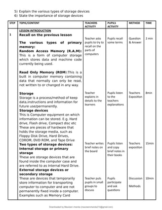 5) Explain the various types of storage devices
6) State the importance of storage devices
STEP TOPIC/CONTENT TEACHERS
ACTIVITY
PUPILS
ACTIVITY
METHOD TIME
1
LESSON INTRODUCTION
Recall on the previous lesson
The various types of primary
memory:
Random Access Memory (R.A.M):
This is a form of computer storage
which stores data and machine code
currently being used.
Read Only Memory (ROM):This is a
built in computer memory containing
data that normally can only be read,
not written to or changed in any way.
Storage
Storage is a process/method of keep
data,instructions and information for
future use/permanently.
Storage devices
This is Computer equipment on which
information can be stored. E.g. Hard
drive, Flash drive, Compact disc etc
These are pieces of hardware that
holds the storage media, such as
Floppy Disk Drive, Hard Drives,
CDROM, DVD ROM, and Tape Drive
Two types of storage devices:
Internal storage or primary
storage
These are storage devices that are
found inside the computer case and
are referred to as Internal Hard Drive.
External storage devices or
secondary storage
These are devices that temporarily
store information for transporting
computer to computer and are not
permanently fixed inside a computer.
Examples such as Memory Card
Teacher asks
pupils to try to
recall on the
parts of
computers
Teacher
explains in
details to the
learners
Teacher writes
brief notes on
the board
Teacher puts
pupils in small
groups to
discuss
Pupils recall
some terms
Pupils listen
to the
teachers
explanations
Pupils listen
and copy
brief notes in
their books
Pupils
participate
and ask
questions
Question
& Answer
Teachers
Exposition
Teachers
exposition
Discussion
Methods
2 min
8min
15min
10min
Downloaded by Maureen chanda (maureenchanda214@gmail.com)
lOMoARcPSD|4791342
 