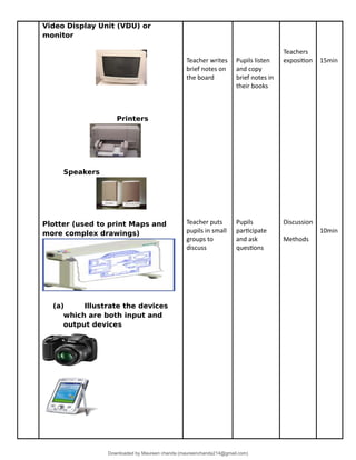 Video Display Unit (VDU) or
monitor
Printers
Speakers
Plotter (used to print Maps and
more complex drawings)
(a) Illustrate the devices
which are both input and
output devices
Teacher writes
brief notes on
the board
Teacher puts
pupils in small
groups to
discuss
Pupils listen
and copy
brief notes in
their books
Pupils
participate
and ask
questions
Teachers
exposition
Discussion
Methods
15min
10min
Downloaded by Maureen chanda (maureenchanda214@gmail.com)
lOMoARcPSD|4791342
 