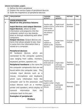 SPECIFIC OUTCOMES: (LSBAT):
1) Define the term peripheral
2) Explain the various types of peripheral devices
3) State the importance of peripheral devices
STEP TOPIC/CONTENT TEACHERS
ACTIVITY
PUPILS
ACTIVITY
METHOD TIME
1
LESSON INTRODUCTION
Recall on the previous lessons
Input Devices and output Devices
Input Devices: allows to enter
information and programs into the
computer system e.g. key boards,
disks or through networking with other
computers.
Output devices: Output devices are
items that allows people to see, hear
in some form the information that is
stored on a computer.
Peripheral devices
All hardware devices which are
connected to the computer systems
case ranging from cables, monitors,
keyboard, printers, speakers etc.
Peripheral hardware is the name for
the computer components that are not
found within the computer case. This
includes input devices such as a
mouse, microphone and keyboard,
which carry information from the
computer user to the processor, and
output devices such as a monitor,
printer and speakers, which display or
transmit information from the
computer back to the user.
Examples of peripherals
Printers
Teacher asks
pupils to try to
recall on the
main points of
the previous
lesson
Teacher
explains in
details to the
learners
Teacher writes
brief notes on
the board
Teacher puts
pupils in small
groups to
discuss
Pupils recall
some terms
Pupils listen
to the
teachers
explanations
Pupils listen
and copy
brief notes in
their books
Pupils
participate
and ask
questions
Question
& Answer
Demostration
method
Teachers
exposition
Discussion
Methods
2 min
8min
15min
10min
Downloaded by Maureen chanda (maureenchanda214@gmail.com)
lOMoARcPSD|4791342
 