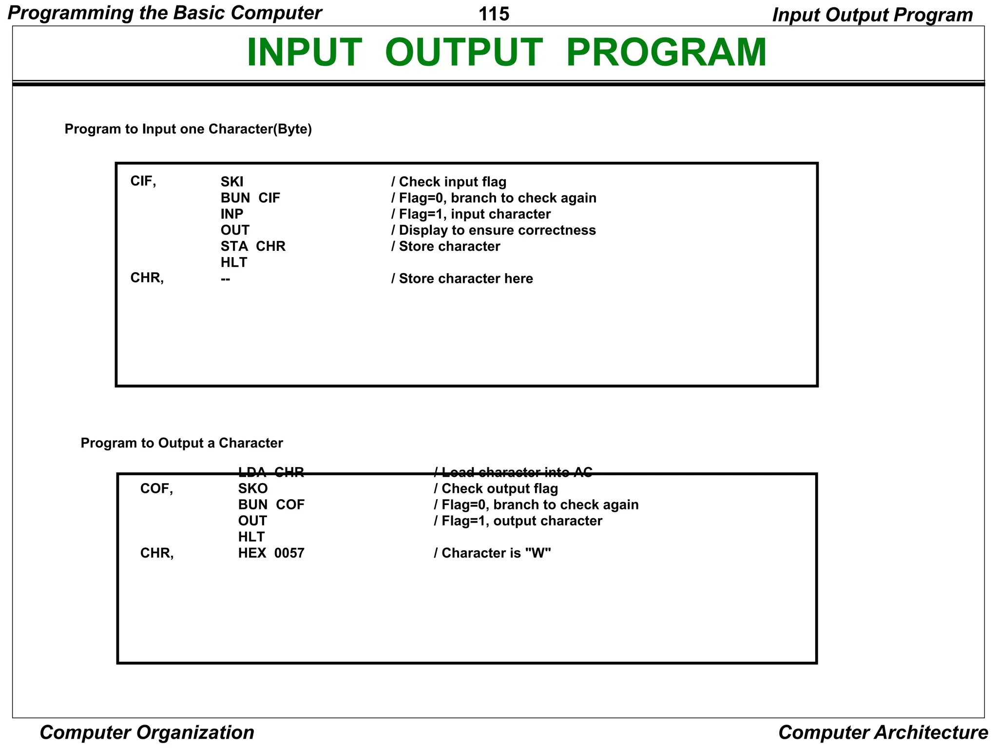 115
Computer Organization Computer Architecture
INPUT OUTPUT PROGRAM
Program to Input one Character(Byte)
SKI
BUN CIF
INP
OUT
STA CHR
HLT
--
/ Check input flag
/ Flag=0, branch to check again
/ Flag=1, input character
/ Display to ensure correctness
/ Store character
/ Store character here
CIF,
CHR,
LDA CHR
SKO
BUN COF
OUT
HLT
HEX 0057
/ Load character into AC
/ Check output flag
/ Flag=0, branch to check again
/ Flag=1, output character
/ Character is "W"
COF,
CHR,
Input Output Program
Program to Output a Character
Programming the Basic Computer
 