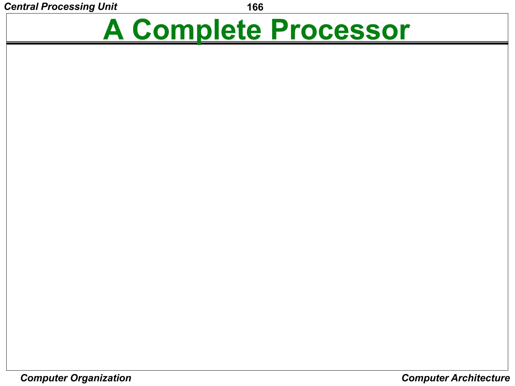 166
Computer Organization Computer Architecture
A Complete Processor
Instruction
unit
Inte
ger
unit
Floating-point
unit
Instruction
cache
Data
cache
Bus interf
ace
Main
memory
Input/
Output
Sy stem b
us
Processor
Figure 7.14. Block diagram of a complete processor
.
Central Processing Unit
 