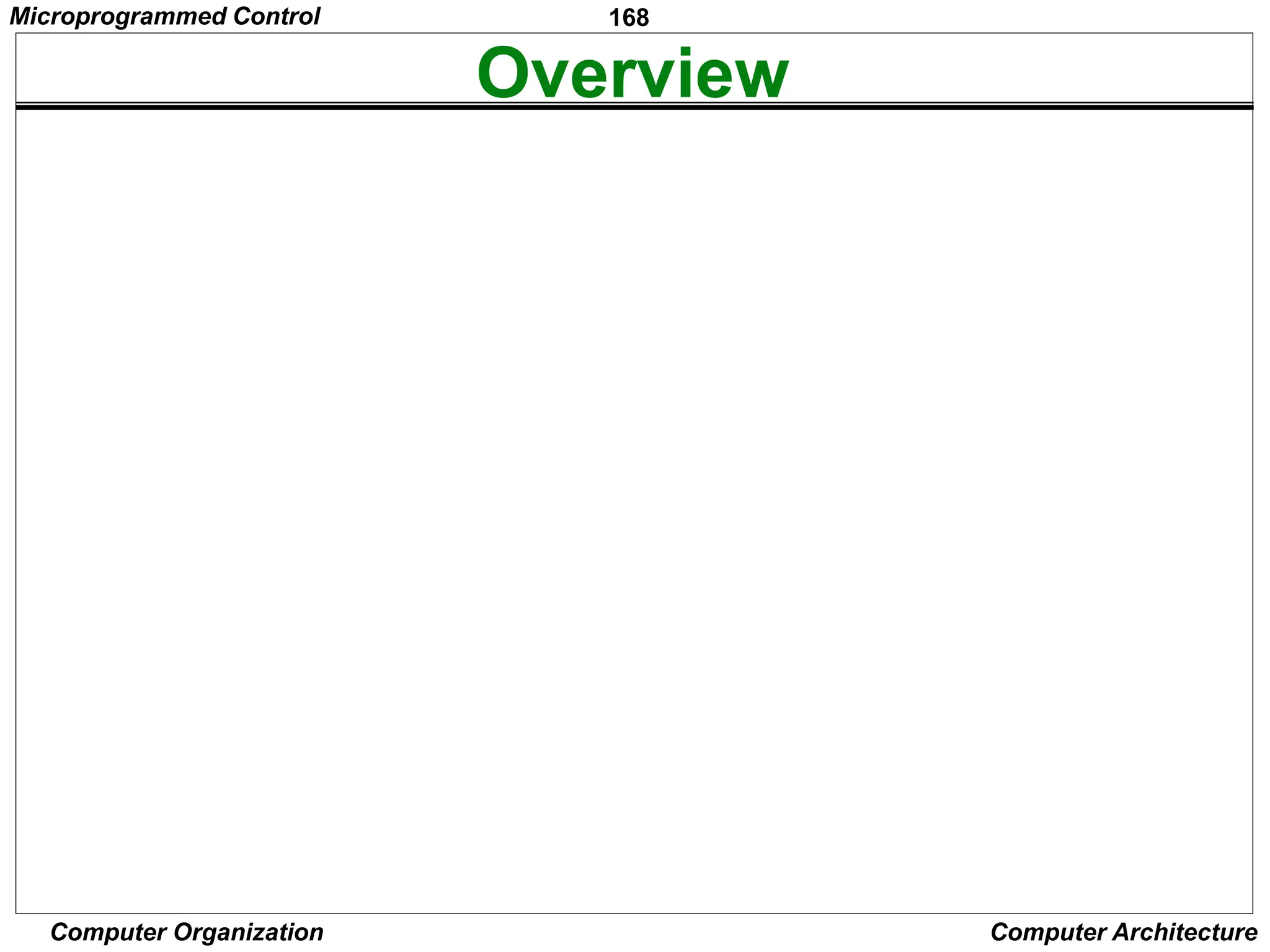 168
Computer Organization Computer Architecture
Overview
Step Action
1 PCout , MARin , Read,Select4,
Add, Zin
2 Zout , PCin , Yin , WMF C
3 MDRout , IRin
4 R3out , MARin , Read
5 R1out , Yin , WMF C
6 MDRout , SelectY,Add, Zin
7 Zout , R1in , End
Figure7.6. Control sequence
for executionof the instruction Add (R3),R1.
Microprogrammed Control
 