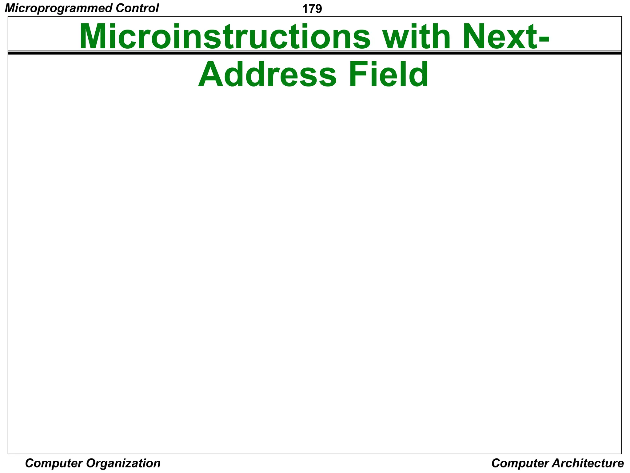 179
Computer Organization Computer Architecture
Microinstructions with Next-
Address Field
Figure 7.22. Microinstruction-sequencing organization.
Condition
codes
IR
Decoding circuits
Control store
Next address
Microinstruction decoder
Control signals
Inputs
External
AR
I R
Microprogrammed Control
 