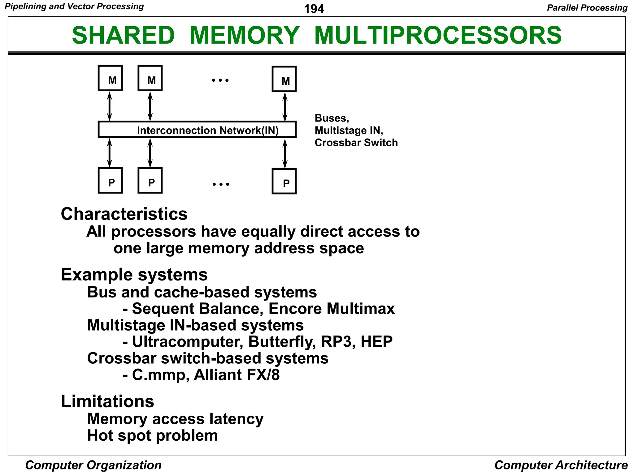 194
Computer Organization Computer Architecture
SHARED MEMORY MULTIPROCESSORS
Characteristics
All processors have equally direct access to
one large memory address space
Example systems
Bus and cache-based systems
- Sequent Balance, Encore Multimax
Multistage IN-based systems
- Ultracomputer, Butterfly, RP3, HEP
Crossbar switch-based systems
- C.mmp, Alliant FX/8
Limitations
Memory access latency
Hot spot problem
Interconnection Network(IN)
• • •
• • •
P P
P
M M
M
Buses,
Multistage IN,
Crossbar Switch
Parallel Processing
Pipelining and Vector Processing
 