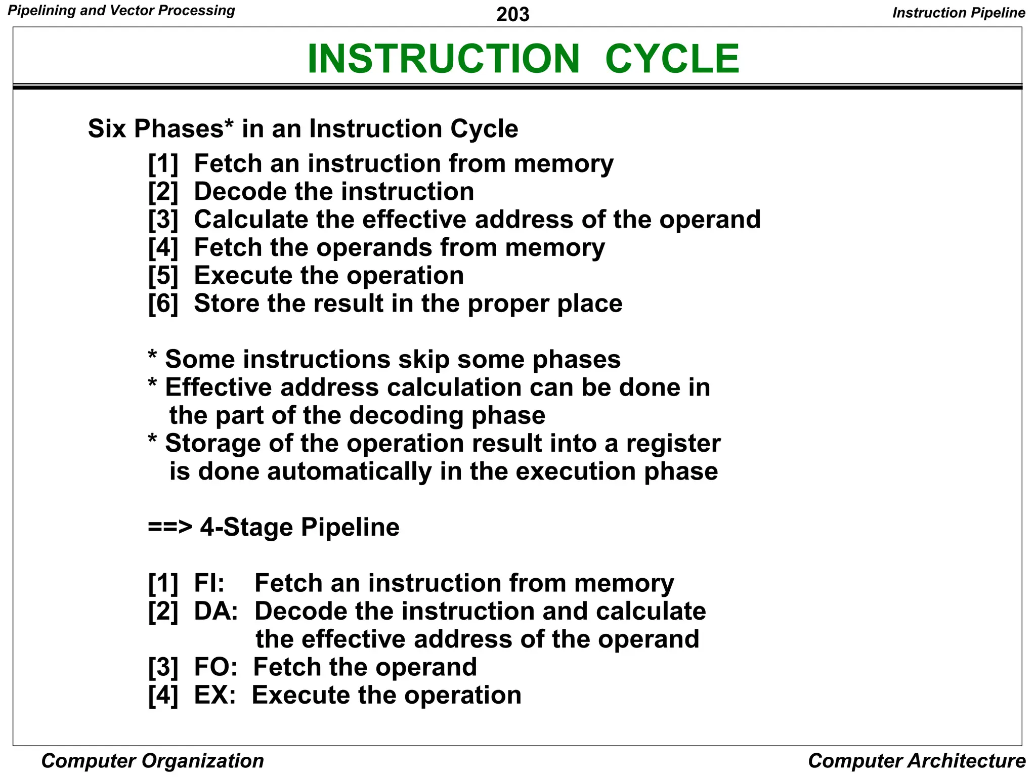 203
Computer Organization Computer Architecture
INSTRUCTION CYCLE
Six Phases* in an Instruction Cycle
[1] Fetch an instruction from memory
[2] Decode the instruction
[3] Calculate the effective address of the operand
[4] Fetch the operands from memory
[5] Execute the operation
[6] Store the result in the proper place
* Some instructions skip some phases
* Effective address calculation can be done in
the part of the decoding phase
* Storage of the operation result into a register
is done automatically in the execution phase
==> 4-Stage Pipeline
[1] FI: Fetch an instruction from memory
[2] DA: Decode the instruction and calculate
the effective address of the operand
[3] FO: Fetch the operand
[4] EX: Execute the operation
Instruction Pipeline
Pipelining and Vector Processing
 