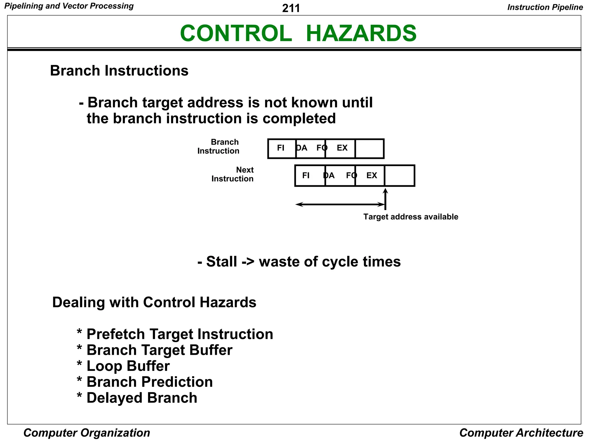 211
Computer Organization Computer Architecture
CONTROL HAZARDS
Branch Instructions
- Branch target address is not known until
the branch instruction is completed
- Stall -> waste of cycle times
FI DA FO EX
FI DA FO EX
Branch
Instruction
Next
Instruction
Target address available
Dealing with Control Hazards
* Prefetch Target Instruction
* Branch Target Buffer
* Loop Buffer
* Branch Prediction
* Delayed Branch
Instruction Pipeline
Pipelining and Vector Processing
 