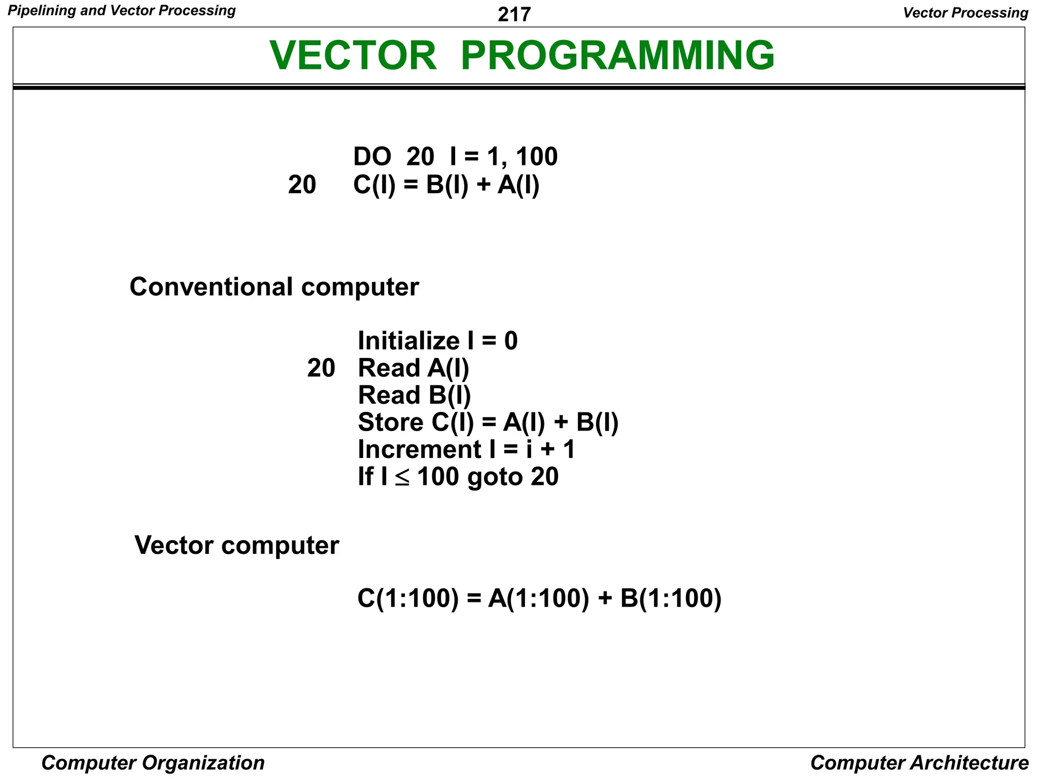 217
Computer Organization Computer Architecture
VECTOR PROGRAMMING
DO 20 I = 1, 100
20 C(I) = B(I) + A(I)
Conventional computer
Initialize I = 0
20 Read A(I)
Read B(I)
Store C(I) = A(I) + B(I)
Increment I = i + 1
If I  100 goto 20
Vector computer
C(1:100) = A(1:100) + B(1:100)
Vector Processing
Pipelining and Vector Processing
 