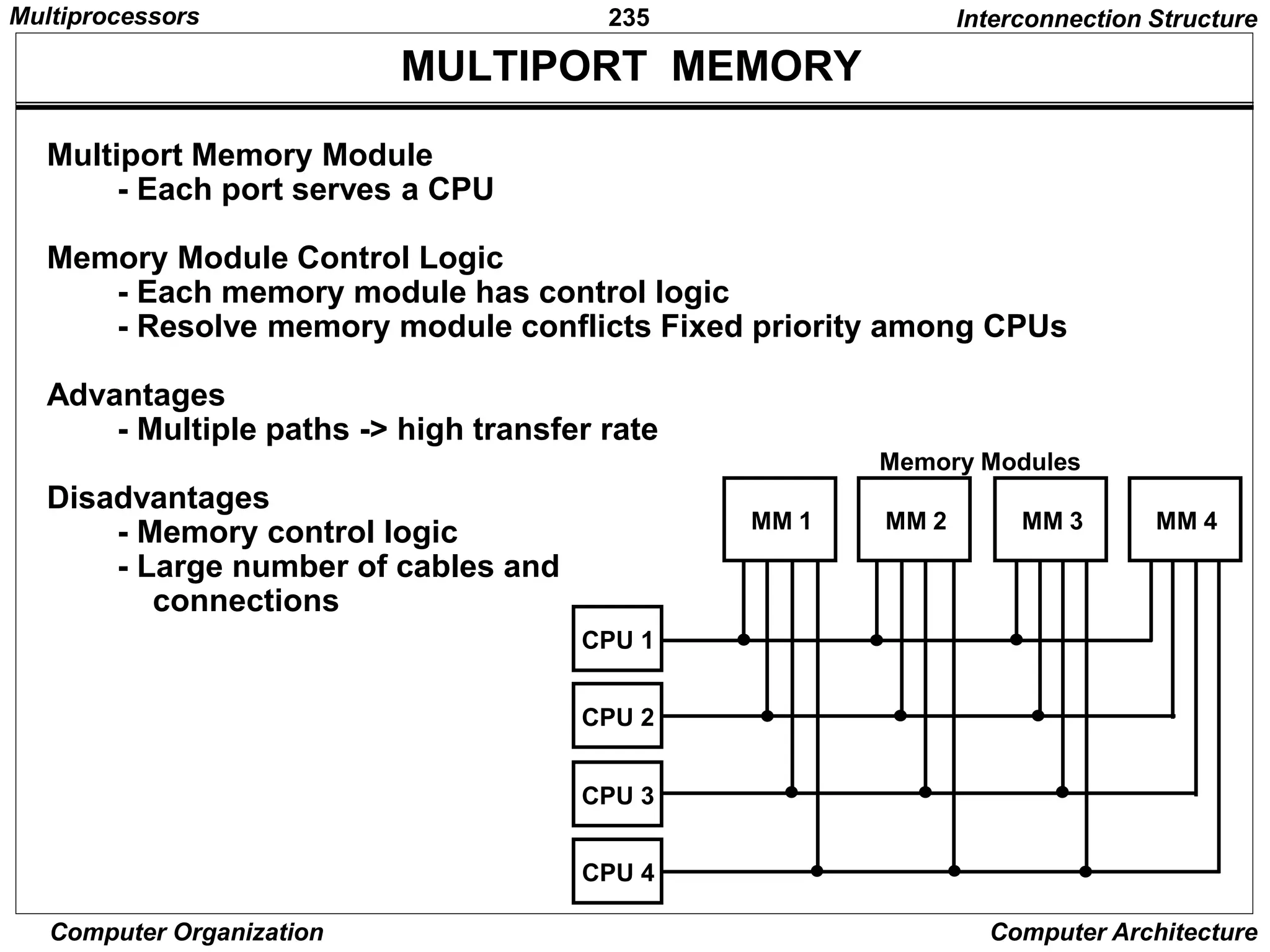 235
Computer Organization Computer Architecture
MULTIPORT MEMORY
Interconnection Structure
Multiport Memory Module
- Each port serves a CPU
Memory Module Control Logic
- Each memory module has control logic
- Resolve memory module conflicts Fixed priority among CPUs
Advantages
- Multiple paths -> high transfer rate
Disadvantages
- Memory control logic
- Large number of cables and
connections
MM 1 MM 2 MM 3 MM 4
CPU 1
CPU 2
CPU 3
CPU 4
Memory Modules
Multiprocessors
 