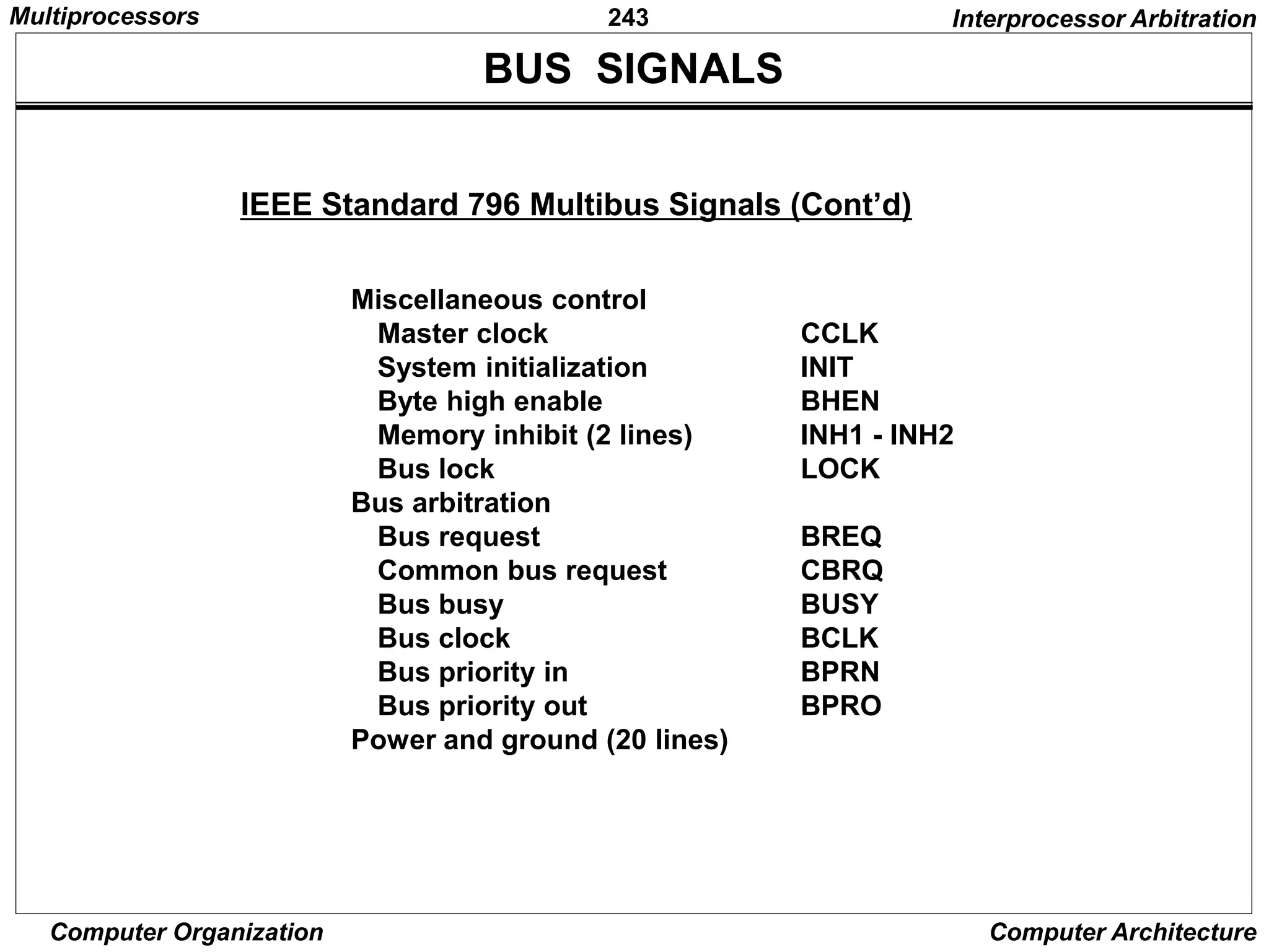 243
Computer Organization Computer Architecture
BUS SIGNALS
IEEE Standard 796 Multibus Signals (Cont’d)
Miscellaneous control
Master clock CCLK
System initialization INIT
Byte high enable BHEN
Memory inhibit (2 lines) INH1 - INH2
Bus lock LOCK
Bus arbitration
Bus request BREQ
Common bus request CBRQ
Bus busy BUSY
Bus clock BCLK
Bus priority in BPRN
Bus priority out BPRO
Power and ground (20 lines)
Interprocessor Arbitration
Multiprocessors
 