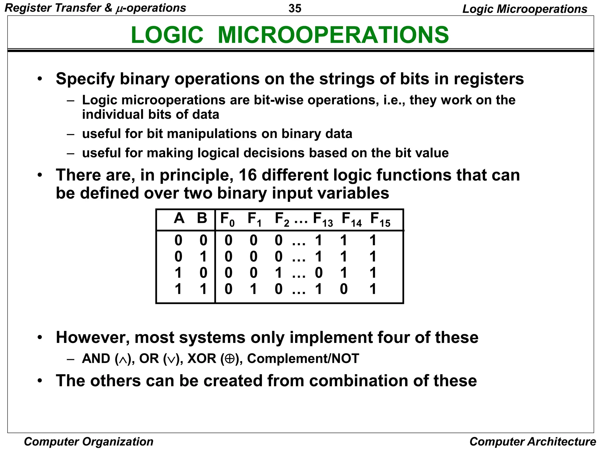 35
Computer Organization Computer Architecture
LOGIC MICROOPERATIONS
Logic Microoperations
• Specify binary operations on the strings of bits in registers
– Logic microoperations are bit-wise operations, i.e., they work on the
individual bits of data
– useful for bit manipulations on binary data
– useful for making logical decisions based on the bit value
• There are, in principle, 16 different logic functions that can
be defined over two binary input variables
• However, most systems only implement four of these
– AND (), OR (), XOR (), Complement/NOT
• The others can be created from combination of these
0 0 0 0 0 … 1 1 1
0 1 0 0 0 … 1 1 1
1 0 0 0 1 … 0 1 1
1 1 0 1 0 … 1 0 1
A B F0 F1 F2 … F13 F14 F15
Register Transfer & -operations
 