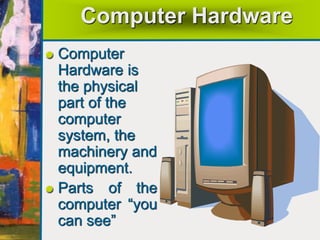 Computer
Hardware is
the physical
part of the
computer
system, the
machinery and
equipment.
Parts of the
computer “you
can see”
Computer Hardware
 