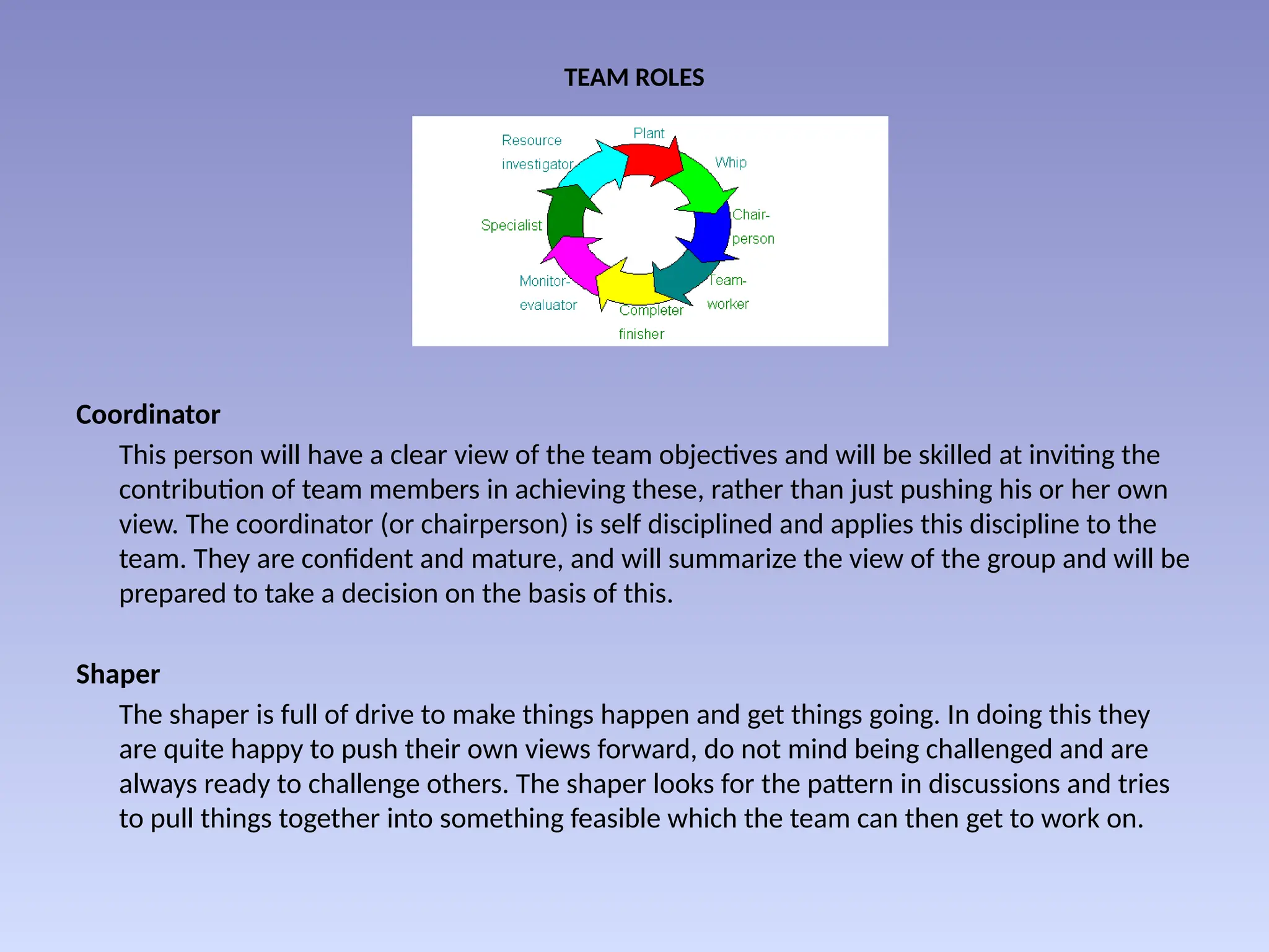 TEAM ROLES
Coordinator
This person will have a clear view of the team objectives and will be skilled at inviting the
contribution of team members in achieving these, rather than just pushing his or her own
view. The coordinator (or chairperson) is self disciplined and applies this discipline to the
team. They are confident and mature, and will summarize the view of the group and will be
prepared to take a decision on the basis of this.
Shaper
The shaper is full of drive to make things happen and get things going. In doing this they
are quite happy to push their own views forward, do not mind being challenged and are
always ready to challenge others. The shaper looks for the pattern in discussions and tries
to pull things together into something feasible which the team can then get to work on.
 