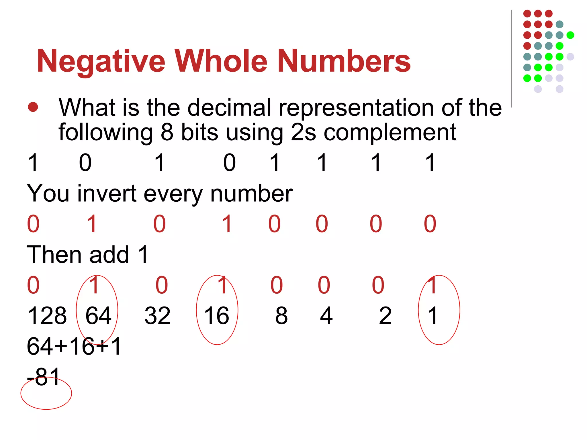 Negative Whole Numbers What is the decimal representation of the following 8 bits using 2s complement  1   0  1   0  1  1  1  1 You invert every number 0 1  0  1  0  0  0  0 Then add 1 0  1  0  1  0  0  0  1 128 64 32 16   8 4 2  1 64+16+1  -81 