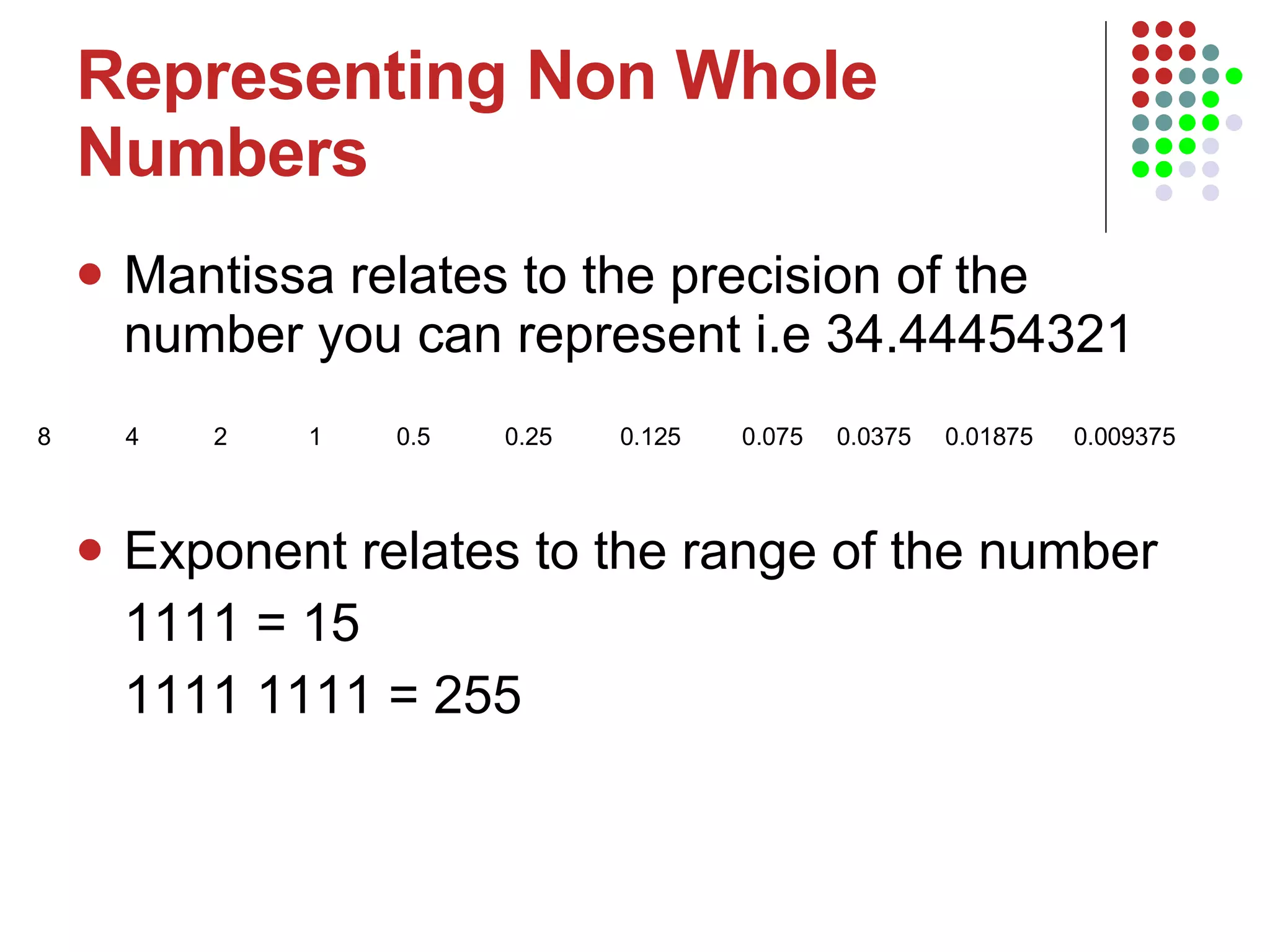 Representing Non Whole Numbers Mantissa relates to the precision of the number you can represent i.e 34.44454321 Exponent relates to the range of the number 1111 = 15 1111 1111 = 255 8  4  2  1  0.5  0.25  0.125  0.075  0.0375  0.01875  0.009375  