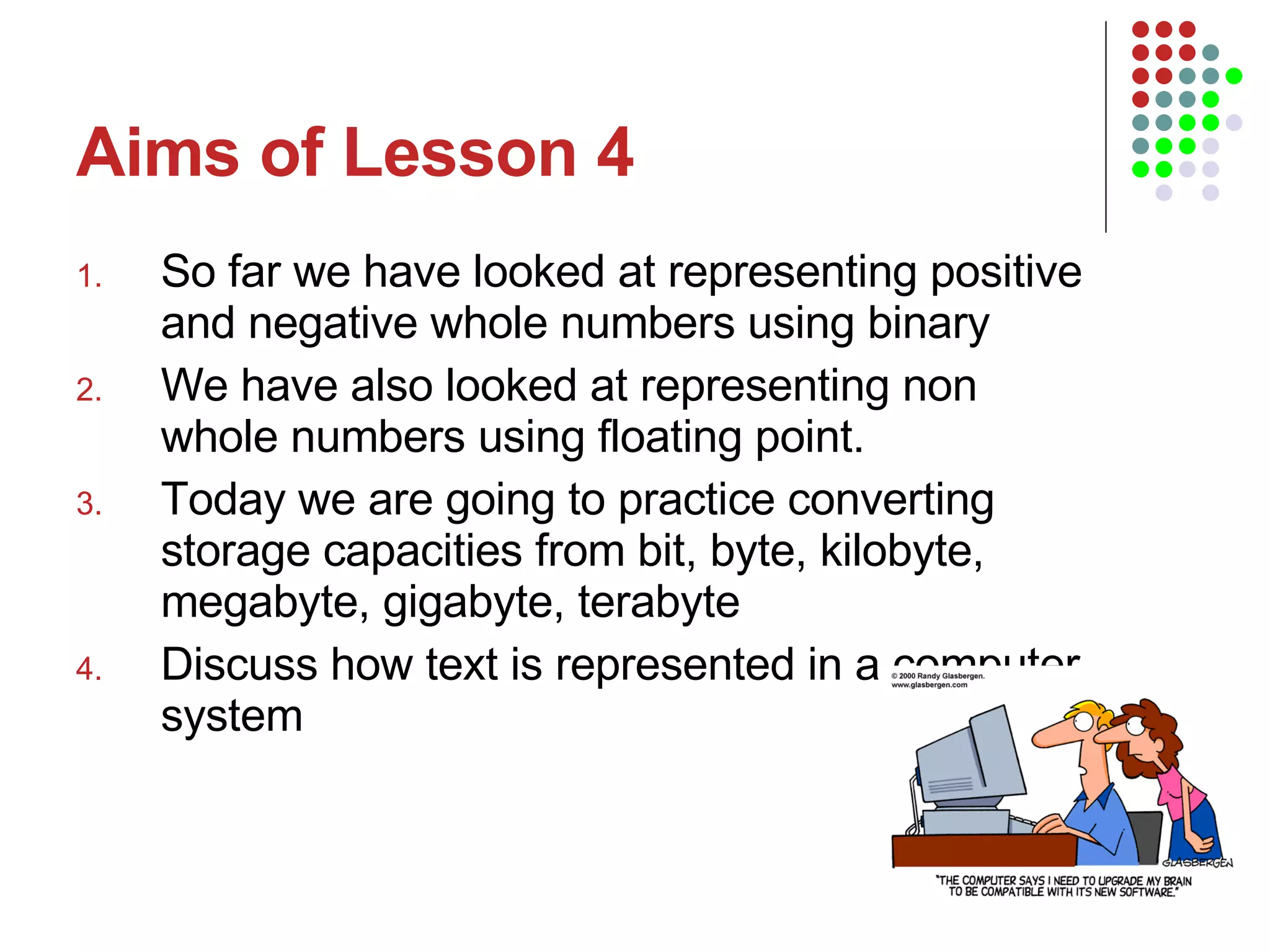 Aims of Lesson 4 So far we have looked at representing positive and negative whole numbers using binary We have also looked at representing non whole numbers using floating point. Today we are going to practice converting storage capacities from bit, byte, kilobyte, megabyte, gigabyte, terabyte Discuss how text is represented in a computer system 