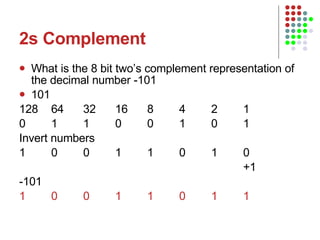 2s Complement What is the 8 bit two’s complement representation of the decimal number -101  101 128 64 32 16 8 4 2 1 0 1 1 0 0 1 0 1 Invert numbers 1 0 0 1 1 0 1 0 +1 -101 1 0 0 1 1 0 1 1 