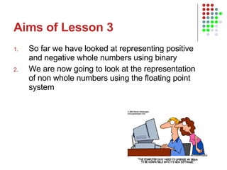 Aims of Lesson 3 So far we have looked at representing positive and negative whole numbers using binary We are now going to look at the representation of non whole numbers using the floating point system 
