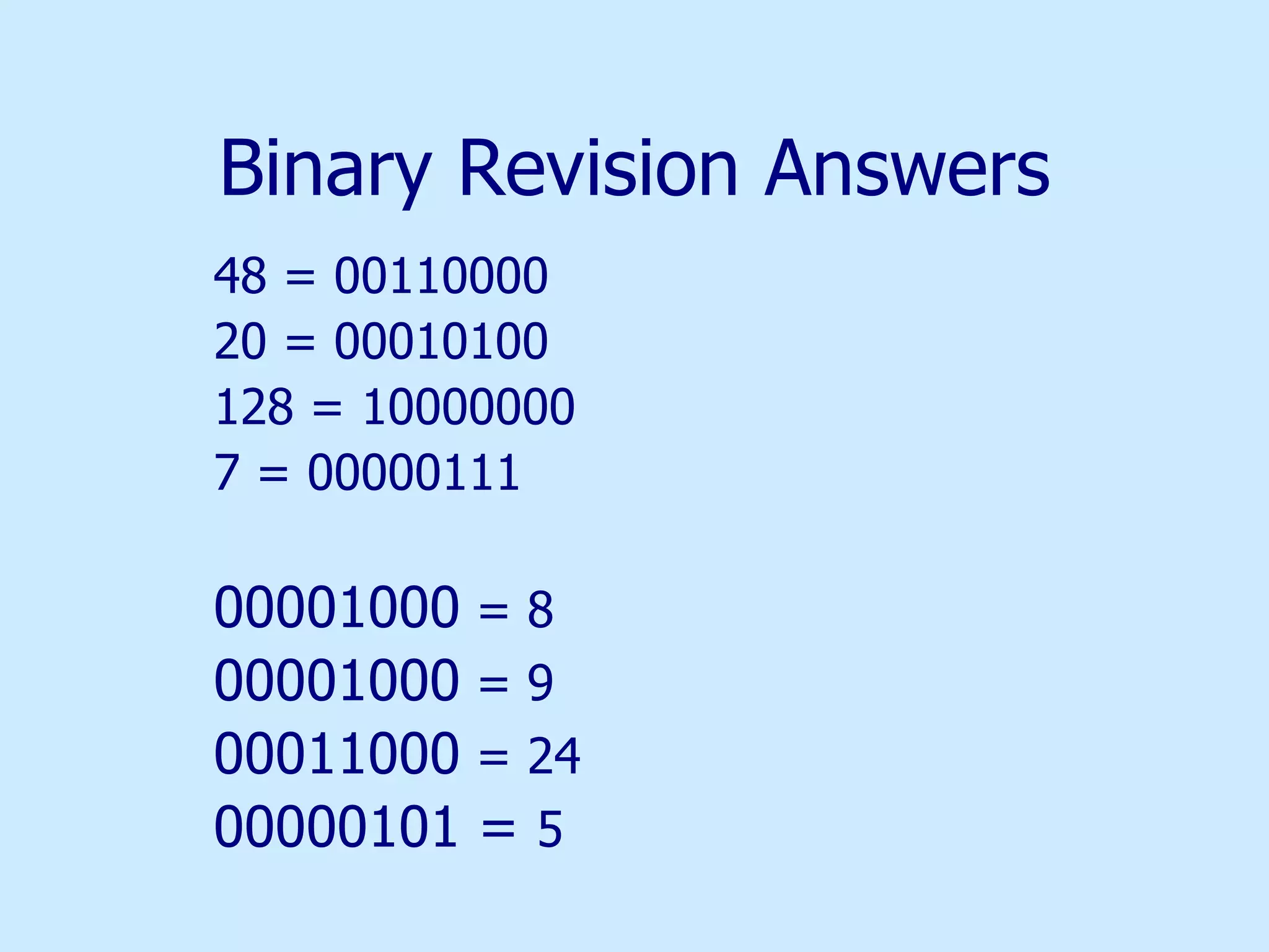 Binary Revision Answers 48 = 00110000 20 = 00010100 128 = 10000000 7 = 00000111 00001000  = 8 00001000  = 9 00011000  = 24 00000101 =  5 