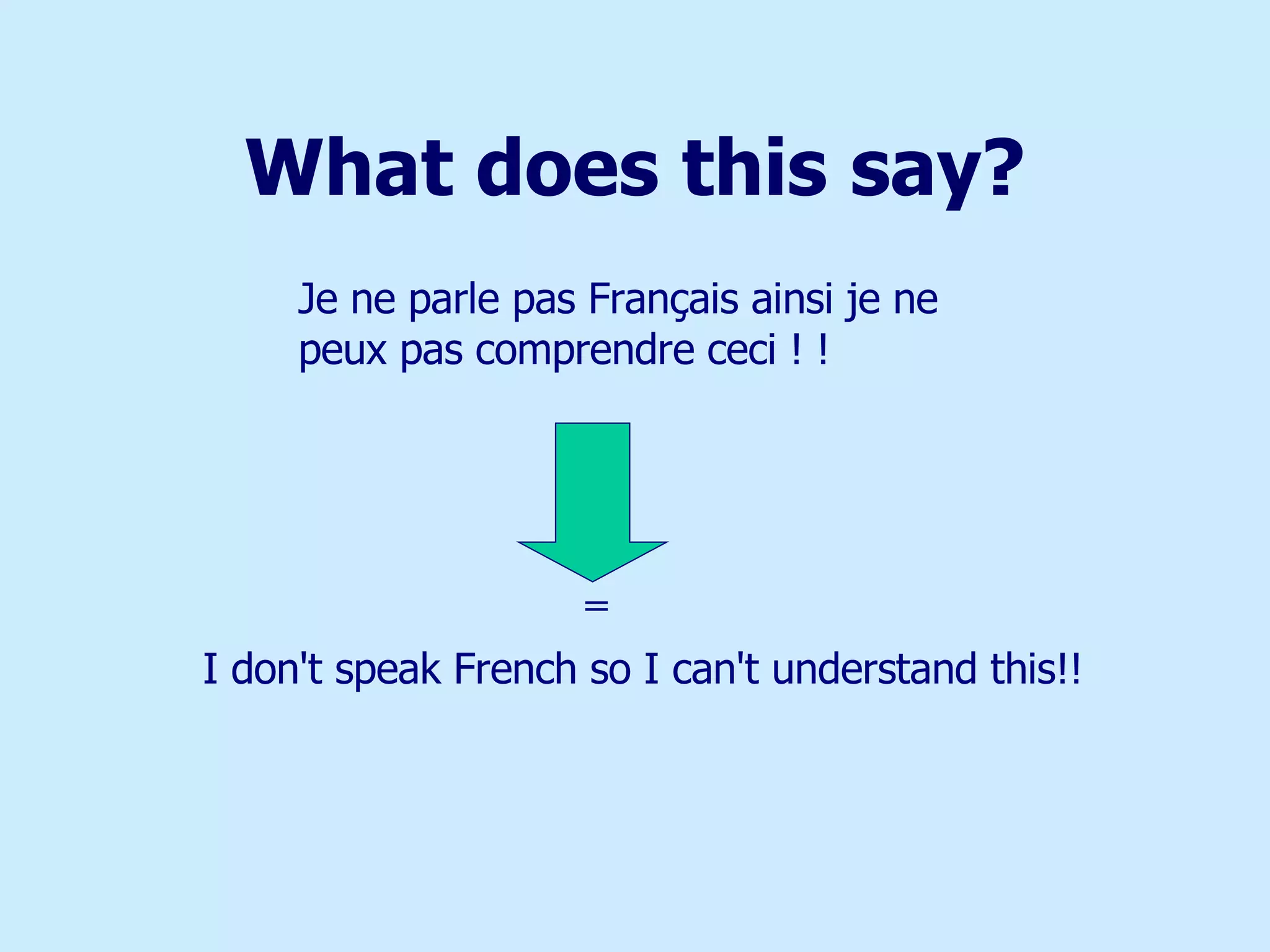 What does this say? Je ne parle pas Français ainsi je ne peux pas comprendre ceci ! ! I don't speak French so I can't understand this!! = 