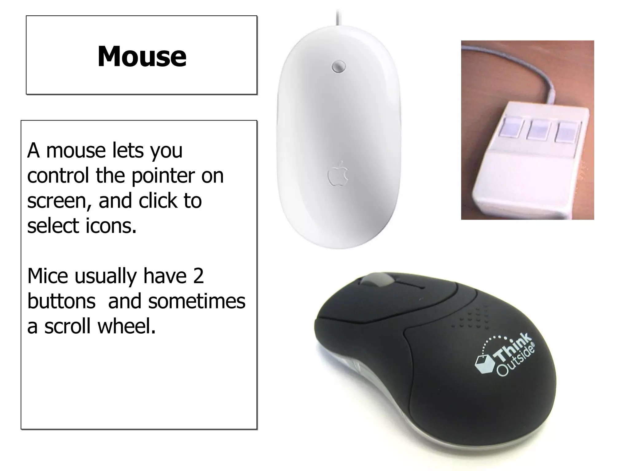 Mouse A mouse lets you control the pointer on screen, and click to select icons.  Mice usually have 2 buttons  and sometimes a scroll wheel.  