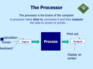 The Processor The processor is the brains of the computer A processor takes  data in , processes it and then  outputs  the data to screen or printer. Input Process Output mouse calculation Print out Display on screen keyboard 