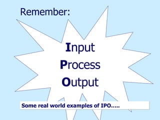 Remember: I nput P rocess O utput Some real world examples of IPO….. 