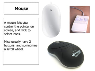 Mouse A mouse lets you control the pointer on screen, and click to select icons.  Mice usually have 2 buttons  and sometimes a scroll wheel.  
